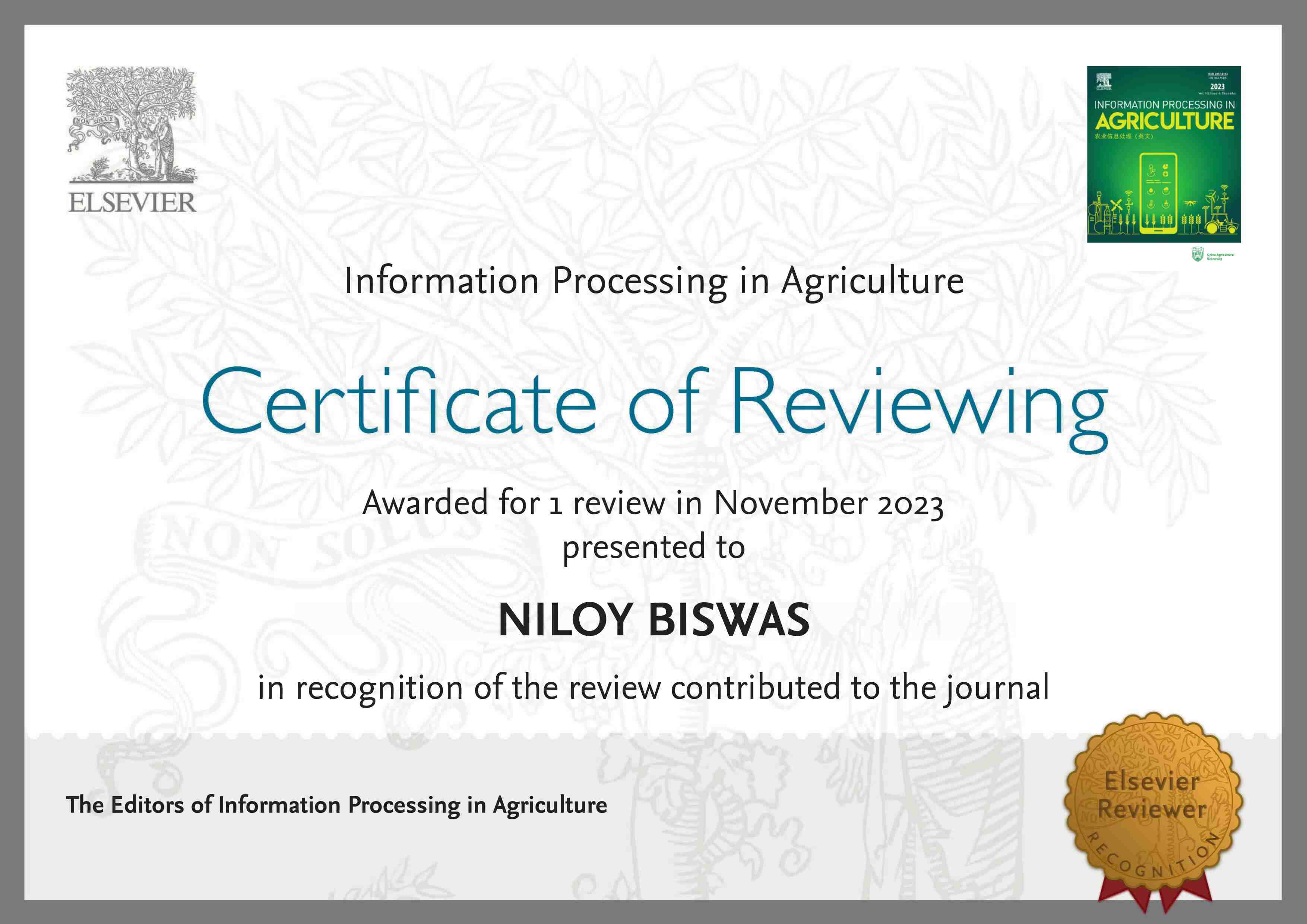 Niloy Biswas - Elsevier IPA Reviewer Certificate